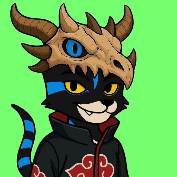 A digital cartoon illustration of a black cat-like character wearing a horned skull helmet and an Akatsuki-style black and red cloak against a bright green background.