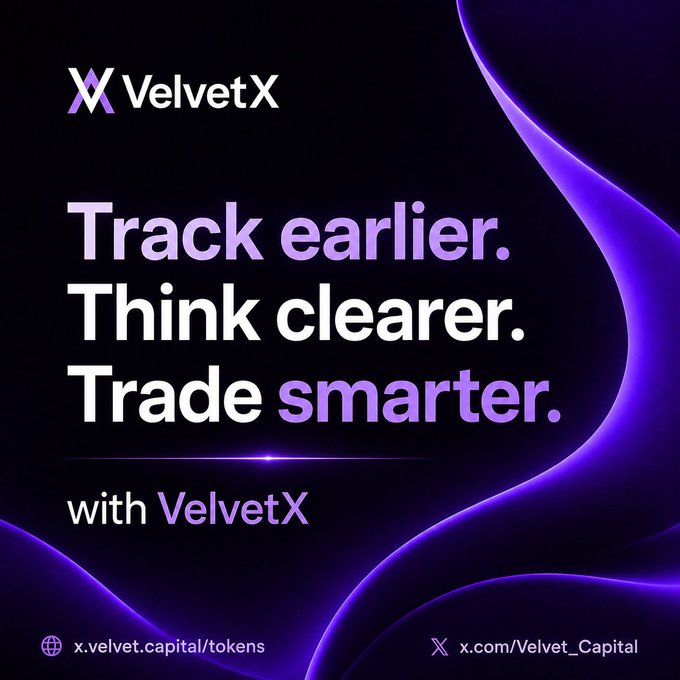 A promotional graphic for VelvetX featuring the tagline "Track earlier. Think clearer. Trade smarter." in white and purple text on a dark background with purple wave designs, alongside the website x.velvet.capital/tokens and X handle @Velvet_Capital. The image aligns with the post's emphasis on the importance of early insight and timely action in the crypto market, where spotting capital flows and new narratives before others is key to capturing opportunities.