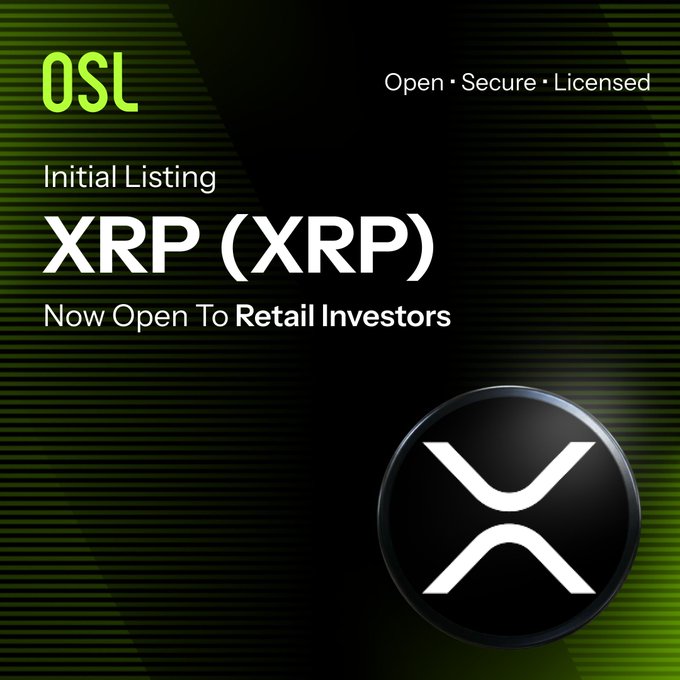 OSL exchange announcement reading 'Initial Listing XRP (XRP) Now Open To Retail Investors' with 'Open • Secure • Licensed' tagline and the XRP logo.