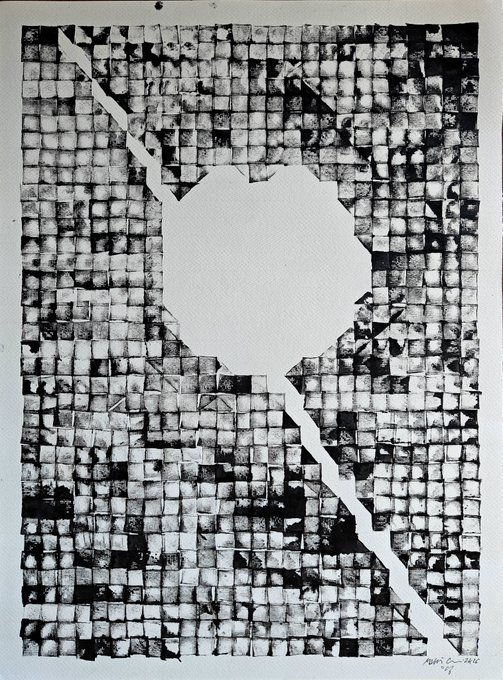 A black and white abstract artwork consisting of a grid of textured square tiles with a large white irregularly-shaped void in the center bisected by jagged white diagonal cracks, signed and dated 2008.
