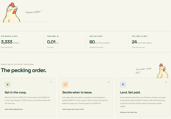 Website for a chicken NFT project showing stats like '3,333 Chickens' flock size, '0.01 ETH' way in, '80%' for the coop, and '24 hours' first flight, with sections explaining 'The pecking order' rules.