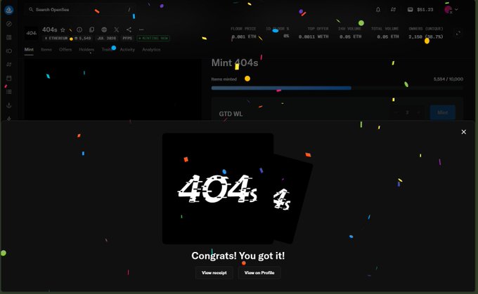 A celebration popup with confetti displays glitch-style "404s" artwork, showing "Congrats! You got it!" with options to view receipt and profile. The image relates to the post by confirming the successful mint of the 404s Ethereum NFT collection by @swipe404, with statistics visible including a "Mints 404s" progress bar and a GTD WL section.