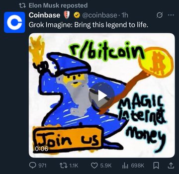 A repost from Coinbase's official X account features a cartoon wizard casting a spell with the text "Magic Internet Money" and "r/bitcoin," promoting a video that aligns with Elon Musk's accompanying post championing the legendary status of MAGIC INTERNET MONEY ($MIM) and calling for its listing across all exchanges.