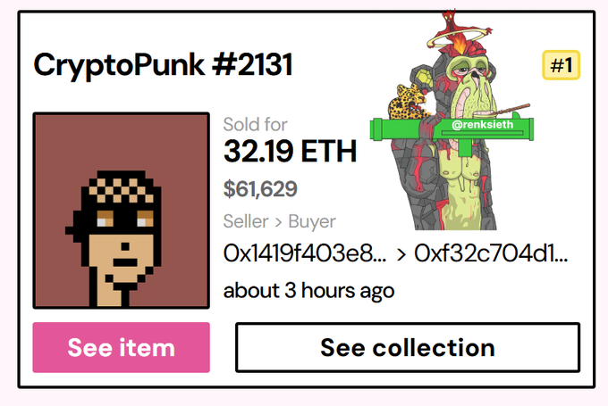A transaction record showing CryptoPunk #2131 selling for 32.19 ETH ($61,629) from seller 0x1419f403e8... to buyer 0xf32c704d1... approximately 3 hours ago.