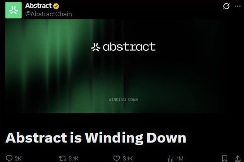 A screenshot of an X (Twitter) post from "Abstract @AbstractChain" reading "Abstract is Winding Down", showing 2K replies, 3.4K reposts, 3.1K likes, and 1M views.