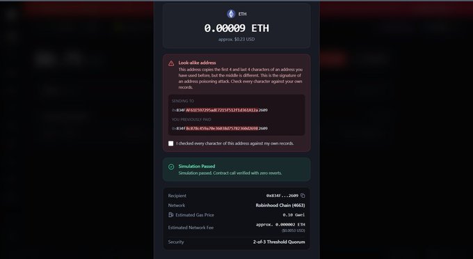 A MetaMask confirmation screen for sending 0.00009 ETH to recipient 0x834f...2609 on the Robinhood Chain, with a security warning alerting the user to "Look-alike address" attempts before the transaction proceeds. The image illustrates address poisoning protection by displaying both the legitimate and spoofed addresses (0x845074923f95a8f7255f2bfd385b832a2609 and 0x845874fc970a9b7f952a8d098268df2609) to help users verify they are not sending funds to a fraudulent wallet.