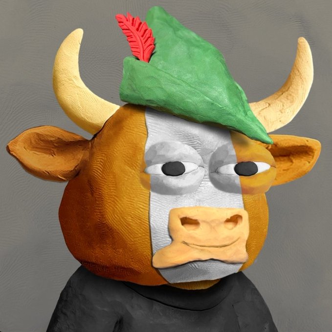 A 3D rendered character resembling a bull or ox with brown coloring, curved horns, and wearing a green Robin Hood-style hat with a red feather.