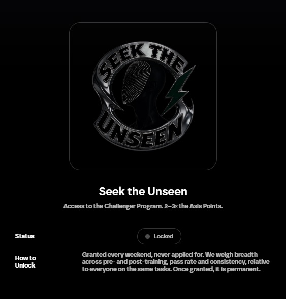 A dark interface screen titled 'Seek the Unseen' shows a metallic circular badge with the text 'SEEK THE UNSEEN' and a fingerprint design, with a 'Locked' status and explanation text for unlocking access to the Challenger Program.