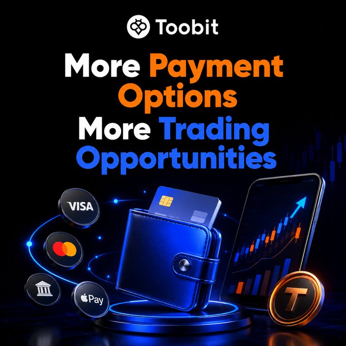 A promotional graphic for Toobit features the headline "More Payment Options More Trading Opportunities" alongside visual elements including a blue wallet, credit card, smartphone displaying a rising trading chart, and payment method icons (Visa, Mastercard, bank, and Apple Pay), illustrating the post's message about expanding fiat funding options for crypto trading.