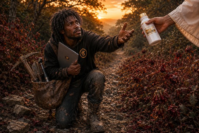 A cinematic scene shows a distressed man kneeling on a forest path clutching a laptop with an 'R' logo, while another person offers him a white bottle labeled 'PRESALE'.