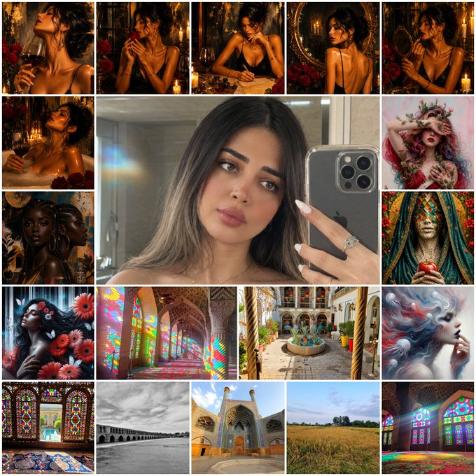 A collage grid featuring a central mirror selfie of a woman with long brown hair holding an iPhone, surrounded by romantic portraits, stained glass, and Middle Eastern architectural imagery.