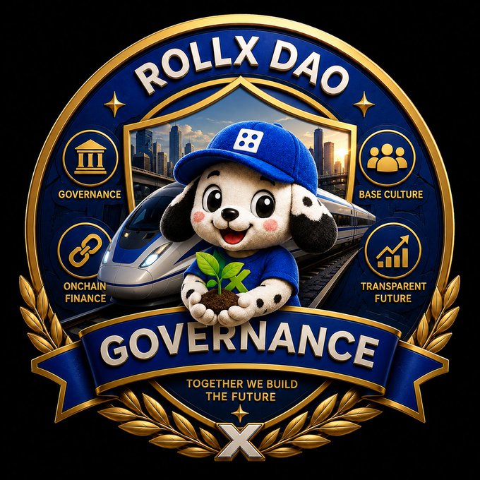 A decorative blue and gold "ROLLX DAO GOVERNANCE" badge featuring a Dalmatian mascot holding a plant sprout, surrounded by icons representing "GOVERNANCE," "BASE CULTURE," "ONCHAIN FINANCE," and "TRANSPARENT FUTURE," with a high-speed train and cityscape backdrop and the tagline "TOGETHER WE BUILD THE FUTURE." The emblem visually reinforces the post's message about focusing on genuine, values-based community building rather than chasing crowd size for RollX's long-term growth.