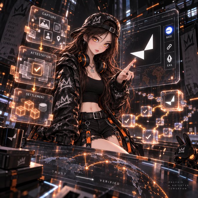 An anime-style illustration of a girl in a crown-patterned jacket pointing at floating crypto-themed UI panels showing 'CAPTURE', 'ATTESTATION', 'SETTLEMENT', and 'EAS' with a small crown bunny nearby.