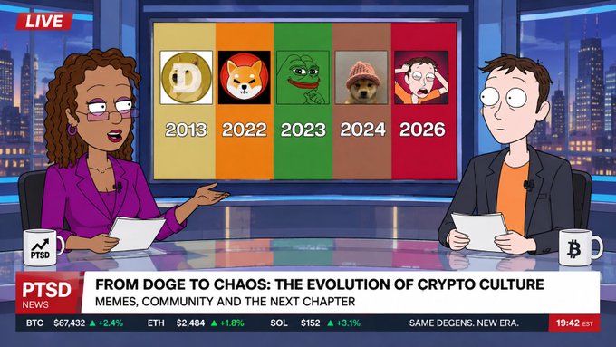 Cartoon-style crypto news broadcast from 'PTSD NEWS' titled 'FROM DOGE TO CHAOS: THE EVOLUTION OF CRYPTO CULTURE: MEMES, COMMUNITY AND THE NEXT CHAPTER,' showing meme characters from 2013 to 2026, with tickers BTC, ETH, and SOL displayed.