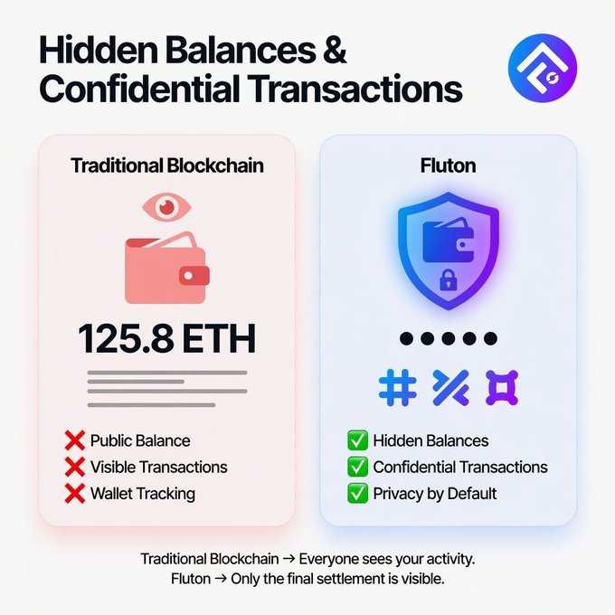 An infographic titled 'Hidden Balances & Confidential Transactions' comparing Traditional Blockchain (showing 125.8 ETH publicly) to Fluton's privacy features including Hidden Balances, Confidential Transactions, and Privacy by Default.