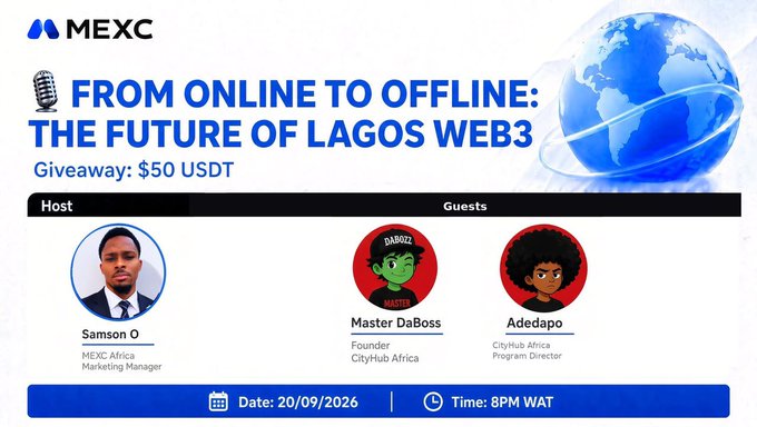 This image is a promotional graphic for an X (Twitter) Space event titled "From Online to Offline: The Future of Lagos Web3," hosted by Samson O (MEXC Africa Marketing Manager) featuring guests Master DaBoss (CityHub Africa Founder) and Adedapo (CityHub Africa Program Director), offering a $50 USDT giveaway on 20/09/2026 at 8PM WAT. The graphic visually represents the collaboration between MEXC Africa and CityHub Africa referenced in the post, which teases discussion about Lagos Web3 ecosystem builders and opportunities.