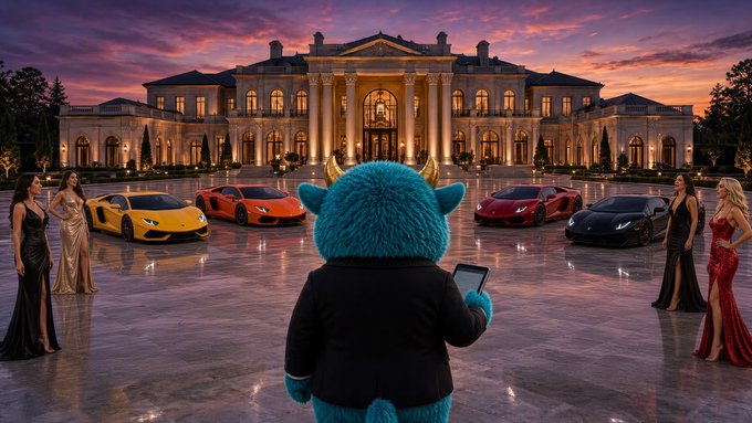 A digital illustration depicts a blue furry character in a suit holding a phone, facing a grand mansion with luxury sports cars and women in evening gowns lined up in the courtyard.