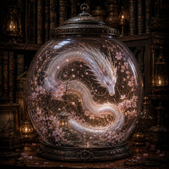 A fantasy digital artwork of an ornate glass dome containing a coiled white and pink dragon surrounded by glowing cherry blossoms, set in a candle-lit library.