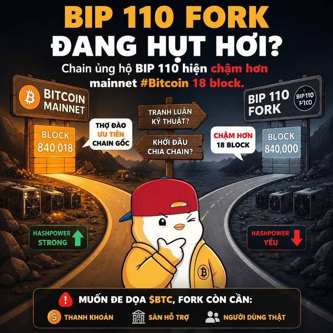 A Vietnamese-language infographic about the Bitcoin BIP 110 Fork, featuring a cartoon bird in a red cap and yellow hoodie standing between two paths: Bitcoin Mainnet (Block 840,018, Strong Hashpower) and BIP 110 Fork (Block 840,000, Weak Hashpower), highlighting threats to $BTC and requirements like liquidity, mining support, and real users.