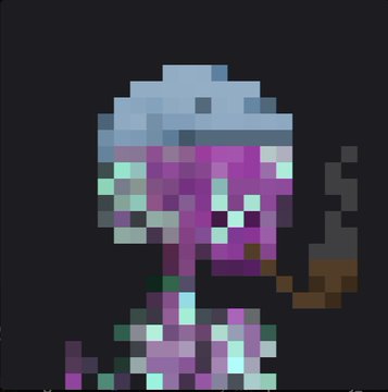 Pixel art of a character with a light blue helmet/headpiece and purple coloring on a dark background.