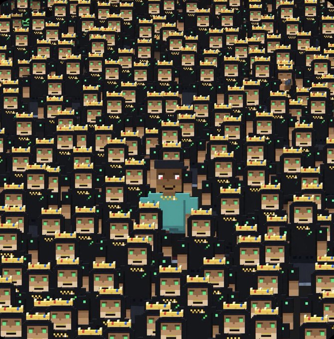 Pixel art scene depicting a unique blue-shirted character surrounded by a vast crowd of identical dark figures with glowing green eyes.