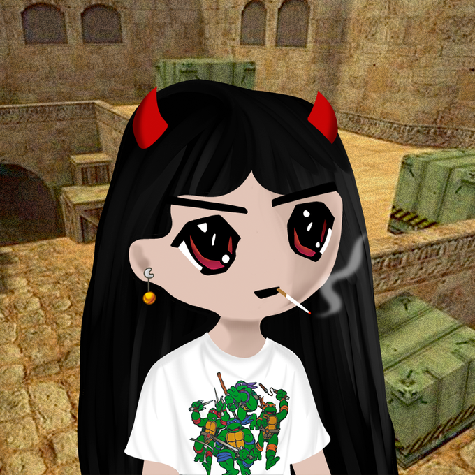 A chibi-style girl with long black hair, red devil horns, a cherry earring, and a cigarette wears a white t-shirt featuring the Teenage Mutant Ninja Turtles, set against a sandy industrial backdrop. The image ties to the NFT mint announcement by combining a cute, edgy character design with the Robin Hood Chain theme, fitting the casual and playful tone of the launch details.