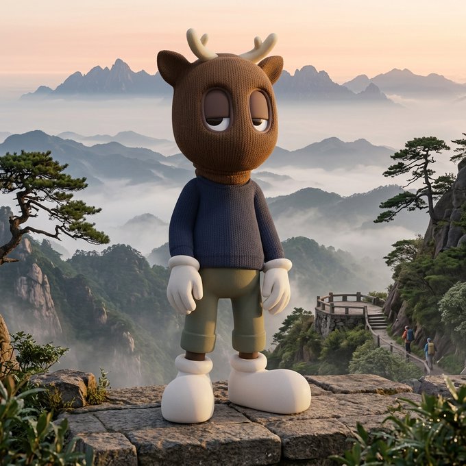 A 3D-rendered character resembling a deer or cartoon figure with a brown knitted mask, antlers, blue sweater, green pants, and white gloves and shoes, standing on a rocky ledge overlooking a misty mountain landscape with a winding pathway.