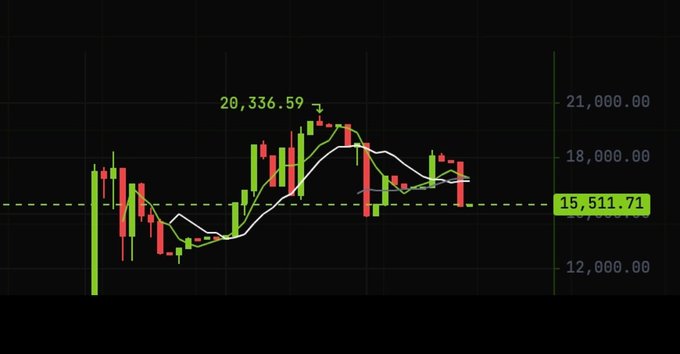 A candlestick chart displays price action ranging from approximately 12,000 to 21,000, peaking at 20,336.59 before settling near a support level of 15,511.71 marked by a dashed green line. The post's enthusiastic tone about a new coin purchase contrasts humorously with the chart, which appears to depict a declining/correcting price pattern—possibly satirizing the optimism of early crypto buyers on platforms like SuiPump.