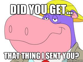 A cartoon purple dinosaur wearing a yellow cap asks "DID YOU GET... THAT THING I SENT YOU?" in a meme, relating to the post's request for friends to check out $MfT (Mfamitree token) and stay engaged with the community.
