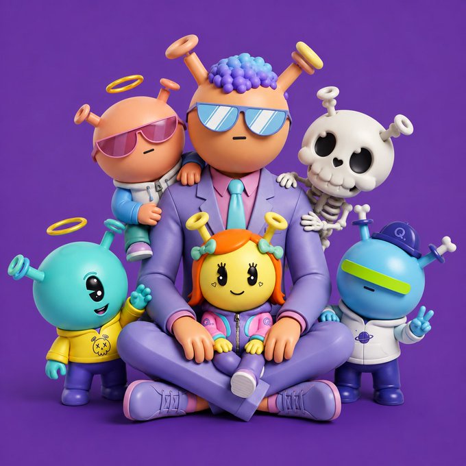 A 3D-rendered illustration shows a central figure in a purple suit with sunglasses and a blue tie, surrounded by various small colorful cartoon characters including a skull and aliens against a purple background.