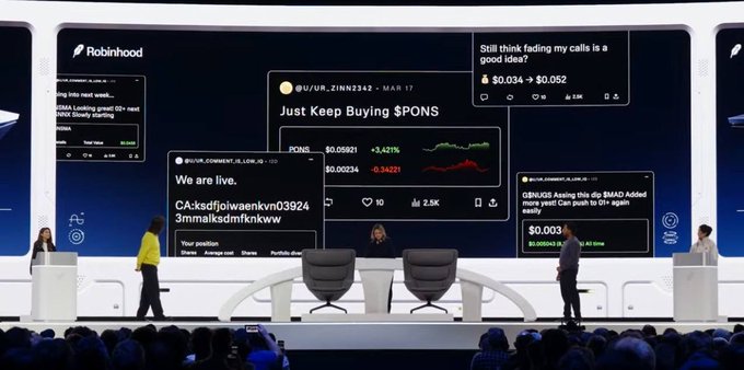 The image shows the HOOD Summit '26 stage in Houston, where Robinhood executives, including Vlad Tenev, present to an audience against a backdrop of large screens displaying social media posts about crypto trades—specifically mentions of $PONS (up 3.42%) and "$0.034 → $0.052"—along with what appears to be a promotional hashtag for the event. The setup reflects the summit's focus on active traders and the launch of new Robinhood agent tools on the Robinhood chain and app.