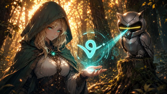 The image features a woman wearing a green hooded cloak standing next to an owl that has a glowing blue aura around its neck. The owl appears to be holding something in its beak, possibly a crystal or a piece of paper with writing on it. The background is filled with trees and foliage, creating a forest-like atmosphere. The image also contains text elements related to the post about @nox_virtuals and the future of the virtual economy.