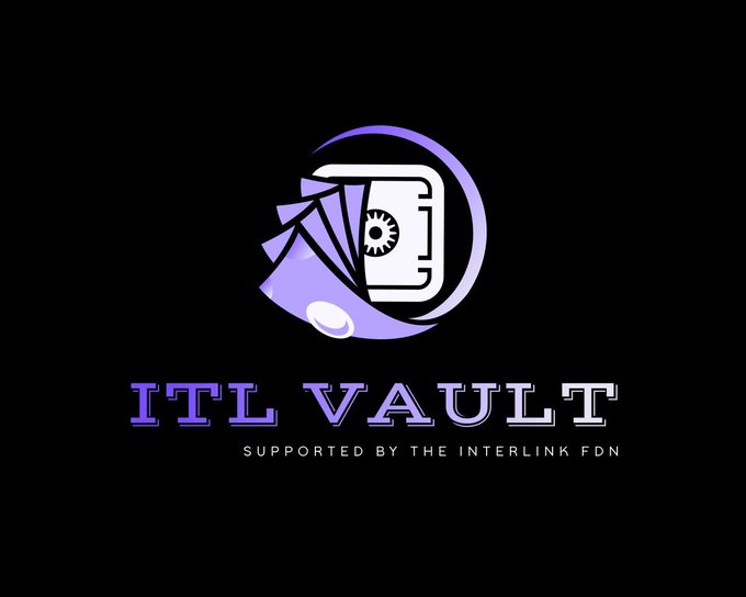 A logo on a black background reads "ITL VAULT — SUPPORTED BY THE INTERLINK FDN," featuring a stylized purple vault symbol with an eye-like dial, directly illustrating the announcement of the upcoming ITL Vault DApp that will allow users to lock $ITL as collateral for USDT liquidity.