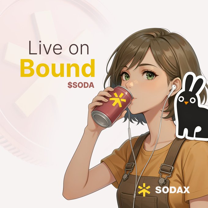 An anime-style illustration of a girl drinking from a Wendy's soda cup while wearing earphones, promoting SODAX with text 'Live on Bound $SODA'.
