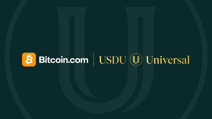 A promotional graphic with a dark green background features the Bitcoin.com logo alongside "USDU Universal" branding, highlighting the wallet's integration with the UAE's first CBUAE-registered USD stablecoin. The image visually represents the partnership announced in the post, emphasizing USDU's new availability to Bitcoin.com users with real dollar exposure and transparent reserves.