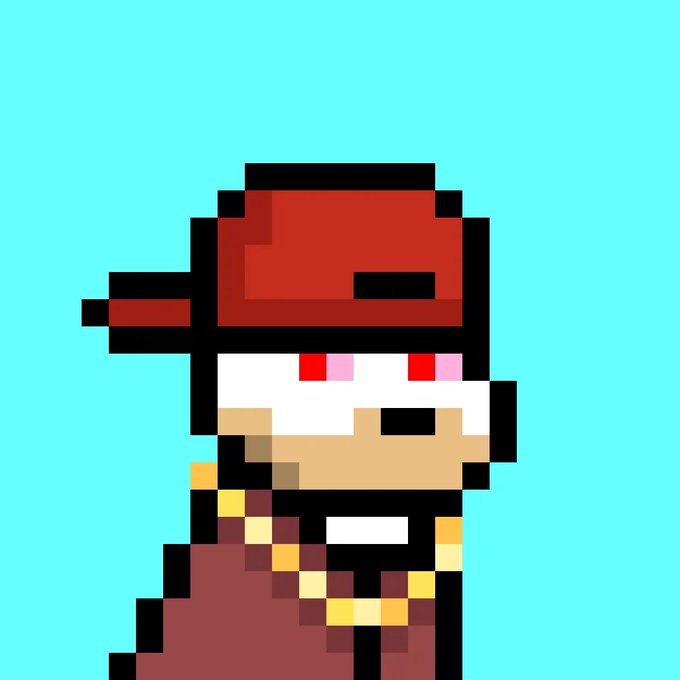 A pixel art illustration depicts a character wearing a red cap, goggles, and a scarf, rendered in blocky retro game style against a solid teal background.