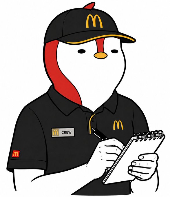 The image features a cartoon penguin wearing a black shirt with red lettering, standing next to a notebook and pen. The penguin appears to be writing something down or taking notes while dressed as a McDonald's employee.