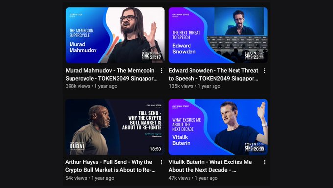 A grid of four YouTube video thumbnails from TOKEN2049 Singapore, featuring speakers like Murad Mahmudov, Edward Snowden, Arthur Hayes, and Vitalik Buterin.