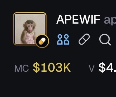 A screenshot from what appears to be a meme coin tracker displays the APEWIF token featuring a cartoon ape mascot, showing a market cap (MC) of $103K, which aligns with the post's claim about APEWIF's $100K valuation in contrast to $fone's $21M market cap.