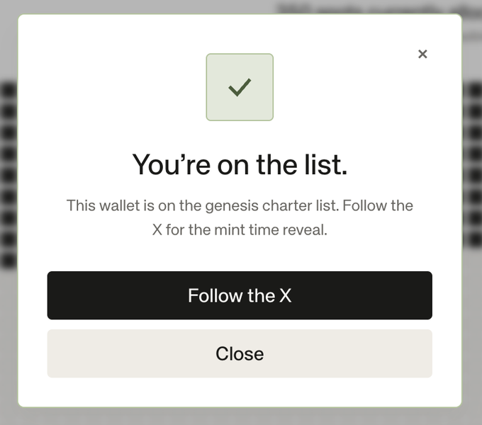 A modal pop-up displays a checkmark icon with the message "You're on the list," confirming that the user's wallet is on the genesis charter list and prompting them to "Follow the X" for mint details, with a "Close" button below. The image suggests the user successfully registered their wallet for a project, aligning with the post's bullish sentiment about September and DeFi momentum.