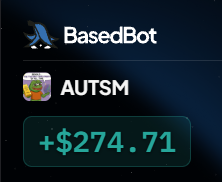 The image displays a portfolio update from "BasedBot" showing a $274.71 gain on the ticker AUTSM, visually supporting the post's claim about profiting from jumping on the rumored AU coin whale pump.