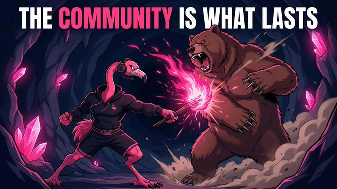 Stylized illustration with the text 'THE COMMUNITY IS WHAT LASTS' depicting a flamingo-headed figure wielding a glowing pink staff against a roaring brown bear in a dark cave with crystals.