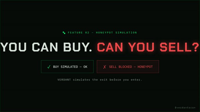 Dark promotional graphic with text 'YOU CAN BUY. CAN YOU SELL?' and 'FEATURE 02 - HONEYPOT SIMULATION', showing 'BUY SIMULATED - OK' and 'SELL BLOCKED - HONEYPOT' buttons, by @verdantscan.