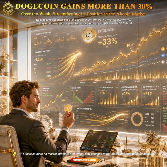 A man analyzes a glowing trading interface displaying Dogecoin's 33% weekly gain and $0.09 recovery, alongside altcoin performance charts for DOGE, BTC, ETH, and ALT15, with market data showing +1.28B in capital rotation flow and a 62% dominance shift toward altcoins. The image visually reinforces the post's message about Dogecoin gaining momentum as capital rotates into higher-risk altcoins, with 81EX branding featured prominently at the bottom.