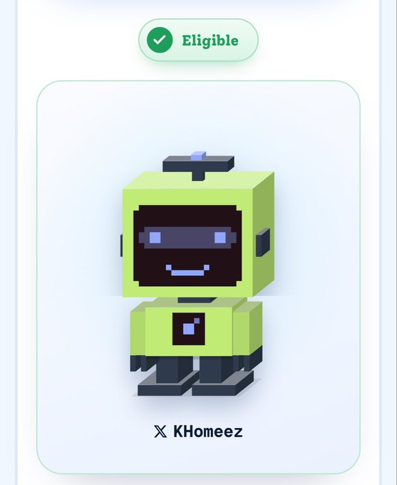 Digital collectible/NFT image showing a green voxel/blocky robot character labeled 'X KHomeez' with an 'Eligible' checkmark badge at the top.