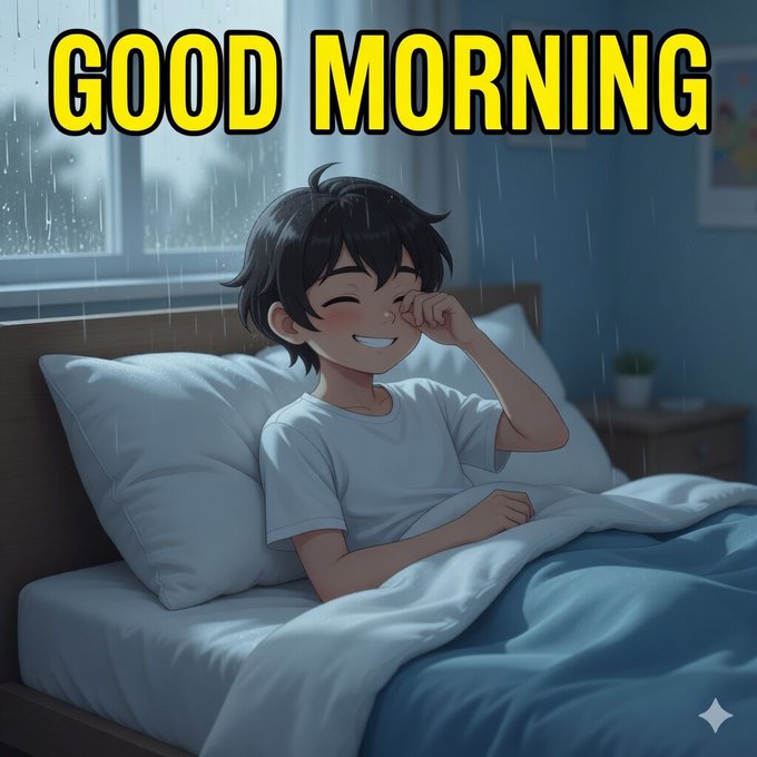 An anime-style illustration of a smiling young boy with black hair sitting up in bed and rubbing his eye, with bold yellow 'GOOD MORNING' text at the top and rain visible outside the window.