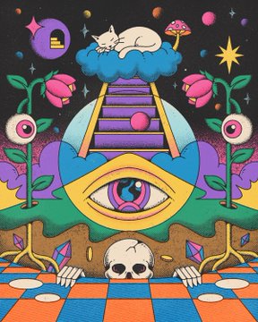 A vibrant psychedelic illustration features a central eye, a ladder leading to a cloud with a cat, mushrooms, flowers, and a skull, all in bright neon colors.