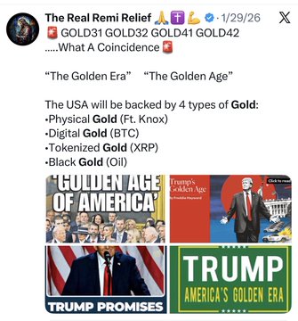The post features several images, including an American flag with the words "Trump Promises" displayed below it. Additionally, there are four different images related to gold logos, indicating that they could be discussing various aspects of gold or Trump's promises. The main focus is on these images, and a text message is also present in the image.