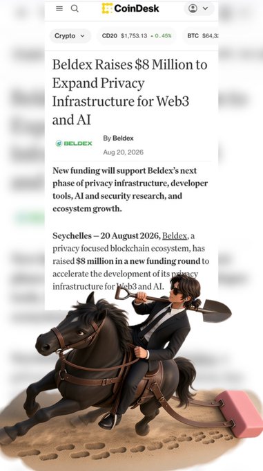 A CoinDesk article titled 'Beldex Raises $8 Million to Expand Privacy Infrastructure for Web3 and AI' with an illustration of a man riding a horse while dragging a pink block.