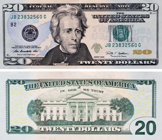 Front and back of a US $20 Federal Reserve Note featuring Andrew Jackson and the White House, serial number JB23832560 G.